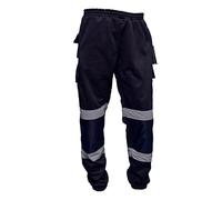 LJ Mens Hi Vis Viz Jogging Bottoms Combat Trousers Safety Sweat Pants Super Soft Fleece Workwear Joggers (Navy, 2X-Large)
