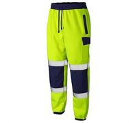 LJ Mens Hi Vis Viz Jogging Bottoms Combat Trousers Safety Sweat Pants Super Soft Fleece Workwear Joggers (Yellow/Navy, Small, s)