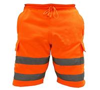LJ Mens Hi Vis Work Shorts Cargo Multi Pockets Hi Viz Reflective Bands Super Soft Comfortable Fleece Shorts (X-Large, Orange)