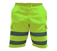 LJ Mens Hi Vis Work Shorts Cargo Multi Pockets Hi Viz Reflective Bands Super Soft Comfortable Fleece Shorts (Small, Yellow)
