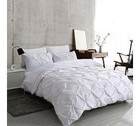 LJ Pinch Pleat Pintuck Diamonds Style Duvet Cover Sets Quilt Cover Sets Cotton Rich Alford Bedding Sets With Pillowcases (White, Single)