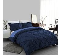 LJ Pinch Pleat Pintuck Diamonds Style Duvet Cover Sets Quilt Cover Sets Cotton Rich Alford Bedding Sets With Pillowcases (Navy, Double)