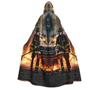 LJABCVNN Firefighter Fireman Flame Print Adult Halloween Hooded Cloak, Comfortable For Cosplay/Parties/Haunted Houses
