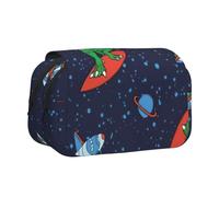 LJABCVNN Funny Astronaut Dinosaur Rocket Print Double Clamshell Pen Case, 2-Layer Pencil Pouch with Zipper Pockets for Boys & Girls