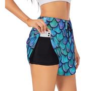 LJABCVNN Mermaid Teal Fish Scale Print Women's Athletic Shorts, Double Layer with Built-in Liner, for Yoga, Running