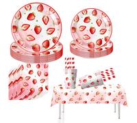 Ljaglui 61PCS Strawberry Theme Birthday Party Tableware Set Strawberry Birthday Decorations Camping Birthday Party Supplies Paper Plate Cup Napkin Tablecloth Straw Adventure Fruit Party Table Decor