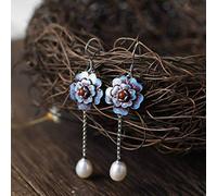 LJBLEUSK Eardrop S925 Silver Earrings Female Freshwater Pearl Chinese Style Burned Rich Blue Open Flower Earrings Pearl Chain, Blue, red, and silver