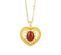 LJBLEUSK Retro S925 Silver Sterling Gold Plated Pendant Red Agate Retro Pattern Hollow Love Heart Shape Woman Chain Necklace Red Agate