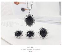 LJBLEUSK S925 Fashion Sterling Silver Necklace Opening Ring Loops Set Jewelry Women's Lace Agate Black Classic Retro Charm Creative Gift