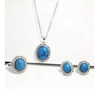 LJBLEUSK S925 Fashion Sterling Silver Necklace Opening Ring Loops Set Women's Rhinestone Jewellery Embedded Turquoise Blue Classic Retro Charm Creative Gift