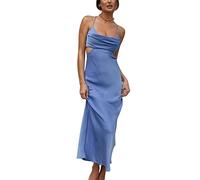 LJCM Cut Out Satin Dress Draped Satin Maxi Dress Hollow Out Waist Slim Backless for Party (S) Light Blue