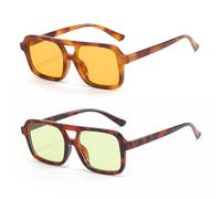 LJCZKA 2 Pcs Fashion Pilot Sunglasses for Women Men Flat Square Frame Double Bridge Sunglasses Classic Vintage Style with UV400 Protection