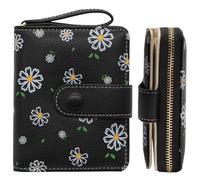 LJCZKA Cute Wallet for Women Small Flower Wallet Card Holder Girls Zipper Leather Wallet Minimalist Kawaii Short Purse, Black, Casual