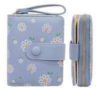 LJCZKA Cute Wallet for Women Small Flower Wallet Card Holder Girls Zipper Leather Wallet Minimalist Kawaii Short Purse, Blue, Casual