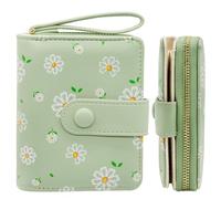 LJCZKA Cute Wallet for Women Small Flower Wallet Card Holder Girls Zipper Leather Wallet Minimalist Kawaii Short Purse, Green, Casual