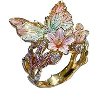 ljhjdkxf Butterfly Flower Ring,Enamel Flower Butterfly Ring,Butterfly Flower Women's Open Ring,Size Can Be Changed At Will,Women's Fashion Shiny Flower Butterfly Ring (Shape D-Gold)