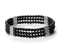 LJHJYDW 4mm Bead Bracelets for Women Real Crystal Bracelet Nature Stones Three Layer Black Round Woven Stretchy 17cm x 7mm 1PCS for New Year