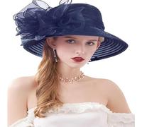 LJRPUPY Women Organza Wide Brim Sun Hat Tea Party Fascinators Cocktail Church Cap Wedding Bridal Straw Flower Hat Navy Blue