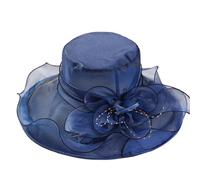 LJRPUPY Women's Organza Church Fascinator Bridal Tea Party Wedding Hat Summer Ruffles Cap Flower Wide Brim Beach Sun Hat Navy Blue