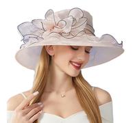 LJRPUPY Women's Organza Church Fascinator Bridal Tea Party Wedding Hat UV-Anti Wide Brim Cocktail Beach Sun Hat Pink