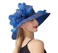 LJRPUPY Women's Organza Church Fascinator Bridal Tea Party Wedding Hat UV-Anti Wide Brim Cocktail Beach Sun Hat Navy Blue