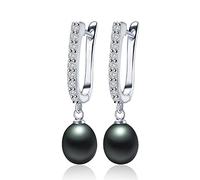 ljtao Women Freshwater Pearl Earrings Zircon Fashion earrings studs 925 Silver Drop Earring Real Pearl Wedding Jewelry With Box (Gem Color : Black, Size Per Pearl : 8-9mm)