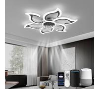 LJX 88cm Low Profile Ceiling Fan with Light, Compatible with Alexa, Dimmable LED Floral Chandelier Fan, Silent Reversible Motor, Space-Saving 13cm Design for Bedroom, Black