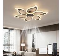 LJX 88cm Modern Floral Ceiling Fan with Light, Dimmable LED Chandelier Fan, 6 Speeds Silent Reversible Motor, App & Remote Controlled, Ultra-Slim 13cm Design for Bedroom, Black