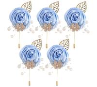Ljxoaieu Female Men's Artificial Boutonniere 5pcs Simulation Gold Leaf Faux Silk Imitation Rose Corsage for Décor/Weddings/Balls/Ceremonies/Anniversaries,etc. (Baby Blue)