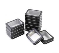 LJY 12 Pack Black Mini Metal Tin with Hinged Lid and Clear Window 11.5 x 8.5 x 2.2 cm - Rectangular Small Storage Tin Box for DIY Crafts, Beads and Small Item Organiser Containers