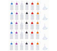 LJY 30 Pcs Needle Tip Applicator Bottle 30ml with 5 Funnels - Soft Plastic Squeeze Bottle for Glue, Paint and Quilling, Precision Needle Bottle with 6 Colour Caps (1mm Tip)