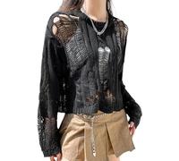 LJYAUTO Women Y2K Gothic Crochet Cover Up Sexy Fishnet Hollow Out Jumper Top 2024 Asymmetrical Punk Long Sleeve T Shirts (S,Ripped Black)