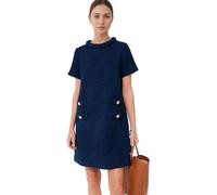 LJYAUTO Womens 60s Mod Dress 2024 Tweed Elegant Formal Crew Neck Mini Dress Vintage Button Short Sleeve A Line Dresses (S,Dark blue)