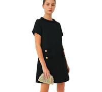 LJYAUTO Womens 60s Mod Dress 2024 Tweed Elegant Formal Crew Neck Mini Dress Vintage Button Short Sleeve A Line Dresses (S,Black)