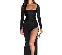 LJYAUTO Womens Sexy Ruched Long Dress High Split Square Neck Drawstring Bodycon Dresses for Party Formal Evening (L,Black)