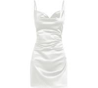 LJYAUTO Women's Sexy Satin Spaghetti Strap Mini Dress Slip Cowl Neck Creased Dresses Cocktail Club Party Cami Dress (S,White)