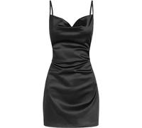 LJYAUTO Women's Sexy Satin Spaghetti Strap Mini Dress Slip Cowl Neck Creased Dresses Cocktail Club Party Cami Dress (L,Black)
