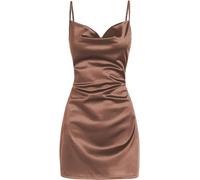 LJYAUTO Women's Sexy Satin Spaghetti Strap Mini Dress Slip Cowl Neck Creased Dresses Cocktail Club Party Cami Dress (S,Dark brown)