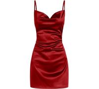 LJYAUTO Women's Sexy Satin Spaghetti Strap Mini Dress Slip Cowl Neck Creased Dresses Cocktail Club Party Cami Dress (XS,Burgundy)