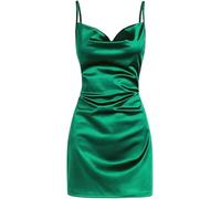 LJYAUTO Women's Sexy Satin Spaghetti Strap Mini Dress Slip Cowl Neck Creased Dresses Cocktail Club Party Cami Dress (M,Green)