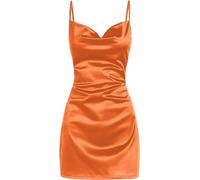 LJYAUTO Women's Sexy Satin Spaghetti Strap Mini Dress Slip Cowl Neck Creased Dresses Cocktail Club Party Cami Dress (XS,Orange)