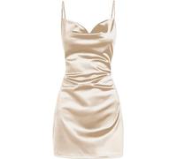 LJYAUTO Women's Sexy Satin Spaghetti Strap Mini Dress Slip Cowl Neck Creased Dresses Cocktail Club Party Cami Dress (S,Apricot)