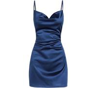 LJYAUTO Women's Sexy Satin Spaghetti Strap Mini Dress Slip Cowl Neck Creased Dresses Cocktail Club Party Cami Dress (S,Dark Blue)