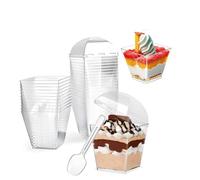 LJYING 50 Pcs 120ml/4oz Dessert Cups & Bowls with Lids & Spoons - Reusable Hard Plastic Square Cheesecake Pots - Clear Serving Bowls for Pudding, Mousse, Trifles, Appetizers, Parties (120ml/4oz)