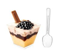 LJYING 50 Pcs 60ml/2oz Dessert Cups & Bowls with Spoons - Reusable Hard Plastic Square Cheesecake Pots - Clear Serving Bowls for Pudding, Mousse, Trifles, Appetizers, Parties (60ml/2oz)