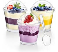 LJYING 50Pcs 200ml/7oz Dessert Cups & Bowls with Lids & Spoons - Reusable Hard Plastic Round Cheesecake Pots - Clear Serving Bowls for Pudding, Mousse, Trifles, Appetizers, Parties
