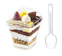 LJYING 50Pcs 210ml/7.4oz Dessert Cups & Bowls with Lids & Spoons - Reusable Hard Plastic Square Cheesecake Pots - Clear Serving Bowls for Pudding, Mousse, Trifles, Appetizers, Parties (7.4oz)