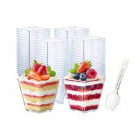 LJYING 50Pcs 240ml/8.4oz Dessert Cups & Bowls with Spoons - Reusable Hard Plastic Square Cheesecake Pots - Clear Serving Bowls for Pudding, Mousse, Trifles, Appetizers, Parties