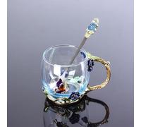 LJYING Handmade Enamel Butterfly & Rose Flower Glass Coffee Mugs Tea Cup with Spoon 320ml Birthday Gifts for Friends Women Wife Mum Teacher Sister (Blue)