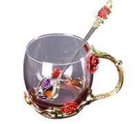 LJYING Handmade Enamel Butterfly & Rose Flower Glass Coffee Mugs Tea Cup with Spoon 320ml Birthday Gifts for Friends Women Wife Mum Teacher Sister (Red)